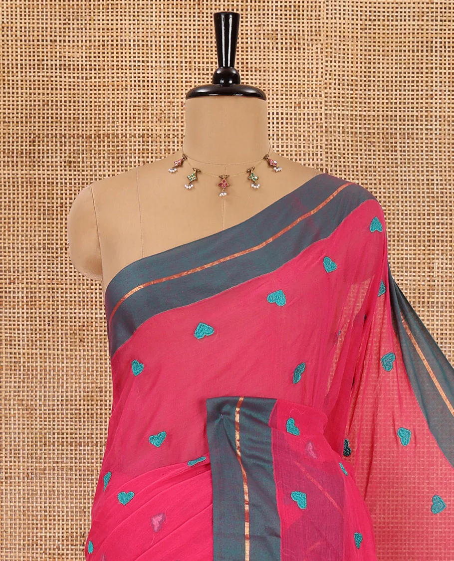 Pink heart motif thread-embroidered khadi mul cotton saree, contrast zari striped border, self-pallu with tassels, and a plain blouse - Image 2