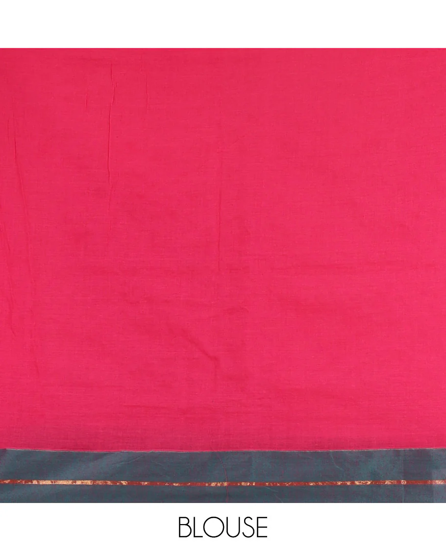 Pink heart motif thread-embroidered khadi mul cotton saree, contrast zari striped border, self-pallu with tassels, and a plain blouse - Image 3