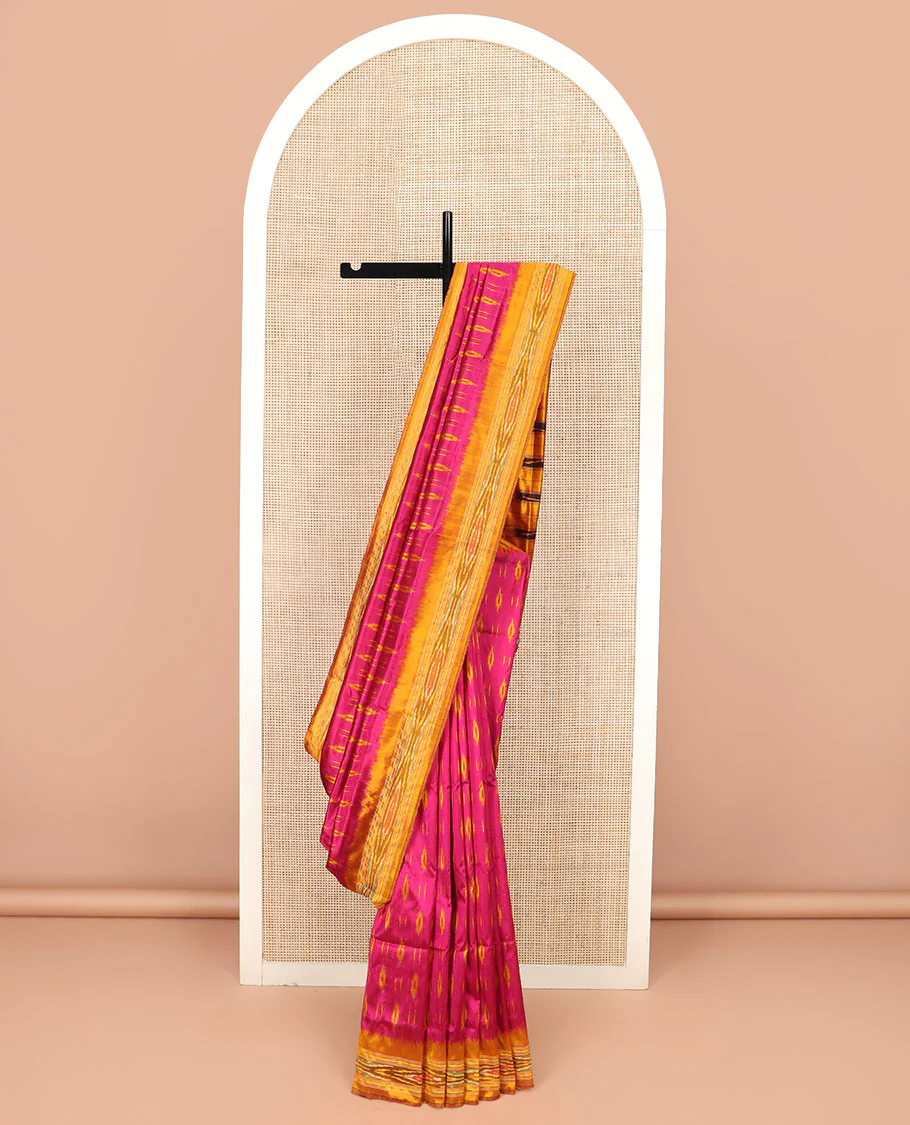 Pink Ikkat Silk Saree Elevated with Ikkat Buttas, Featuring a Contrast Ikkat Textured Border and a Pallu Mirroring Stripes and Ikkat-Texture - Image 2