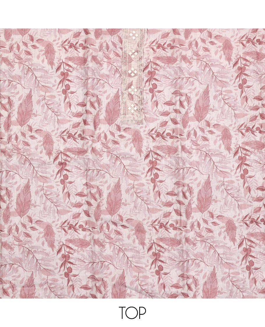 Pink Material Chudidar Set, Adorned with Abstract-Style Leaf Printed and Embroidery on Top, a Contrast Plain Bottom, and Paired with Sequins Striped Dupatta - Image 2