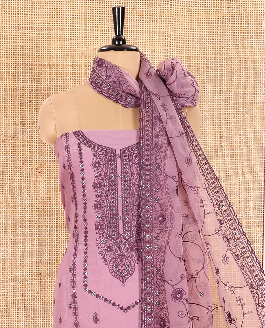 Pink Material Chudidar Set Adorned with Embroidered Organza Chiffon Top, Subtly Made Plain Santoon Bottom, and a Organza Dupatta Featuring Floral Jaal Embroidery - Image 3