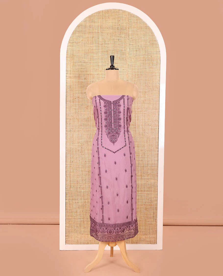 Pink Material Chudidar Set Adorned with Embroidered Organza Chiffon Top, Subtly Made Plain Santoon Bottom, and a Organza Dupatta Featuring Floral Jaal Embroidery - Image 4