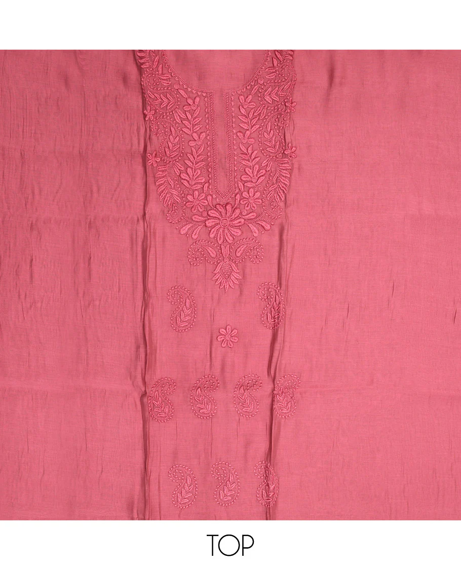Pink Material Chudidar Set, Delicately Woven with Floral-Paisley Embroidered Muslin Top, a Plain Santoon Bottom, and Paired with Intricately Printed Muslin Dupatta - Image 2