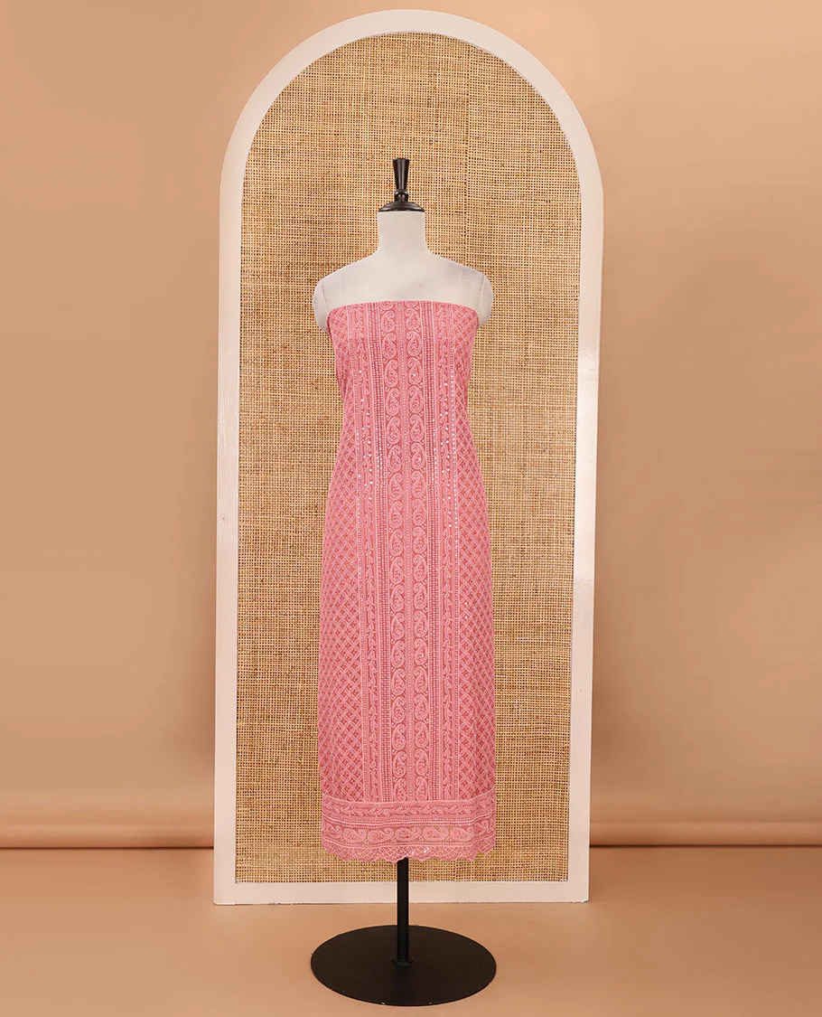 Pink material chudidar set, floral, paisley & geometric schiffli embroidered georgette top & orginal mirror embroidered georgette dupatta - Image 3