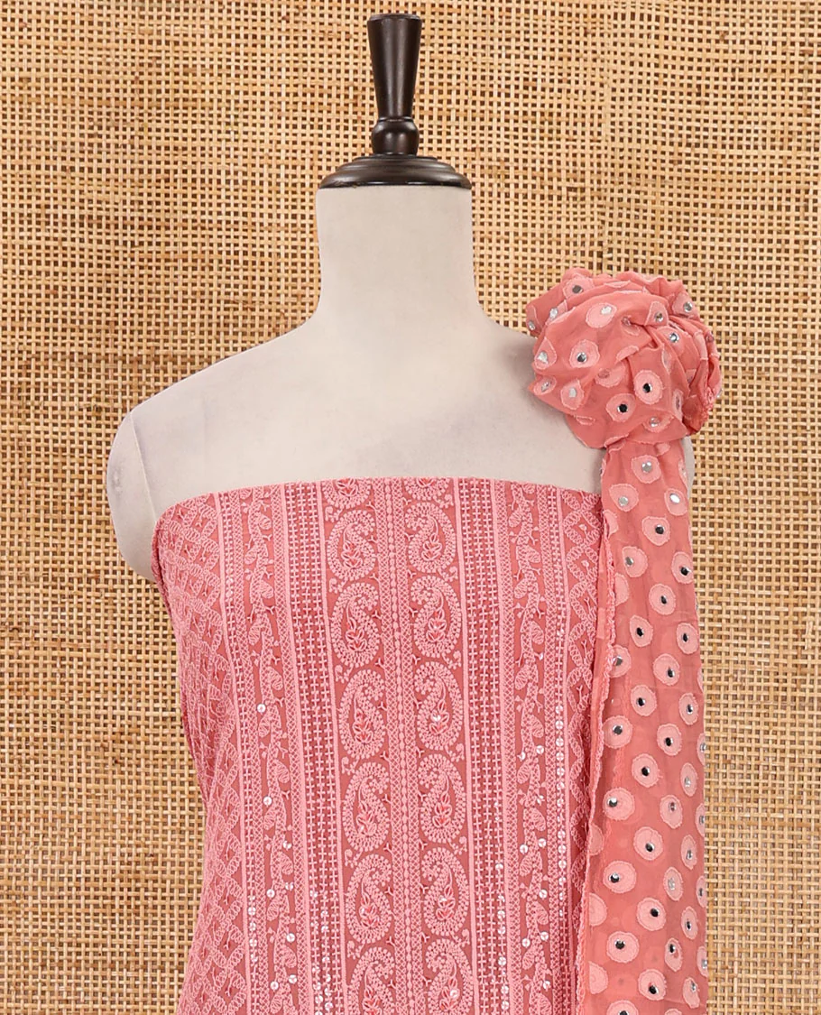 Pink material chudidar set, floral, paisley & geometric schiffli embroidered georgette top & orginal mirror embroidered georgette dupatta - Image 4