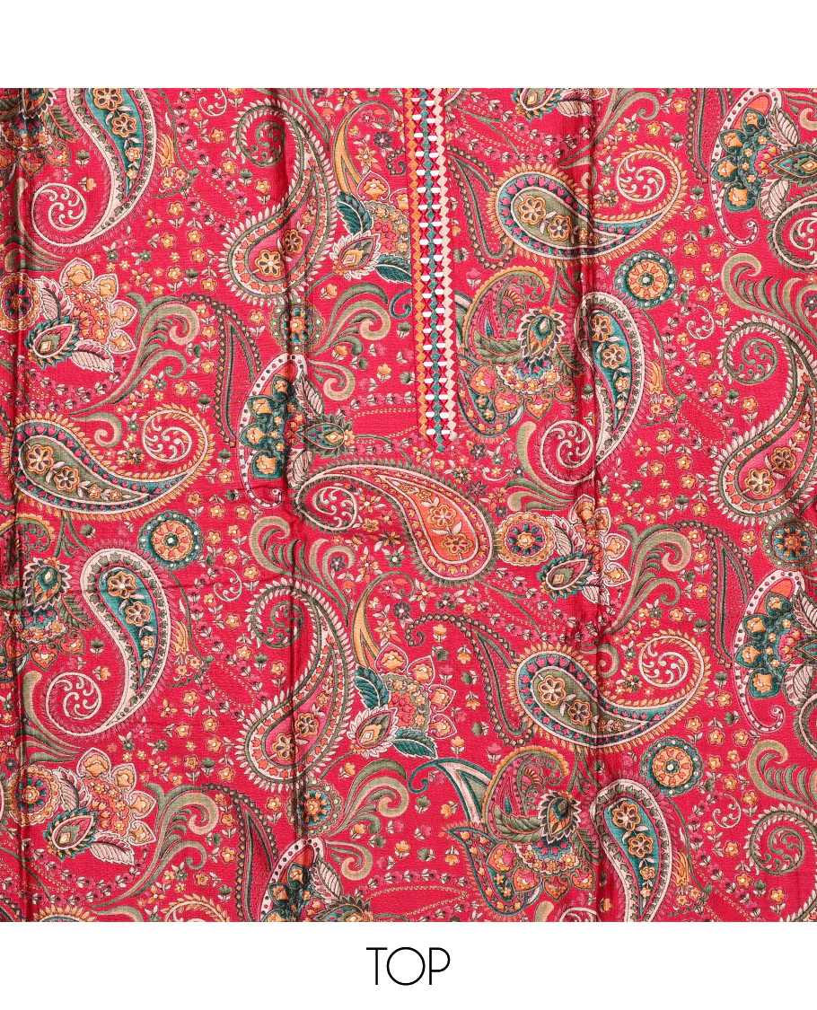 Pink Material Chudidar Set, Ornamented with Intricate Paisley Print and Neck Embroidery on Rayon Top, a Plain Rayon Bottom, and Paired with a Sequins Embroidered Chanderi Silk Dupatta - Image 2