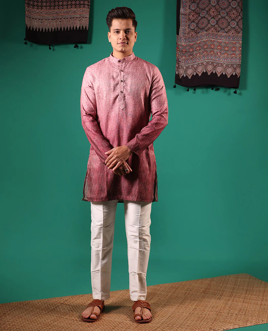 Pink ombre-toned with sequins embroidered jaal patterned full-sleeved men's kurta - Image 3