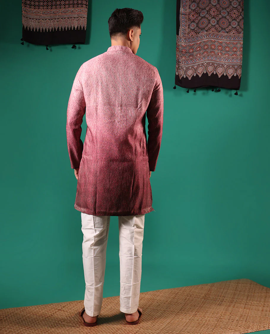 Pink ombre-toned with sequins embroidered jaal patterned full-sleeved men's kurta - Image 5