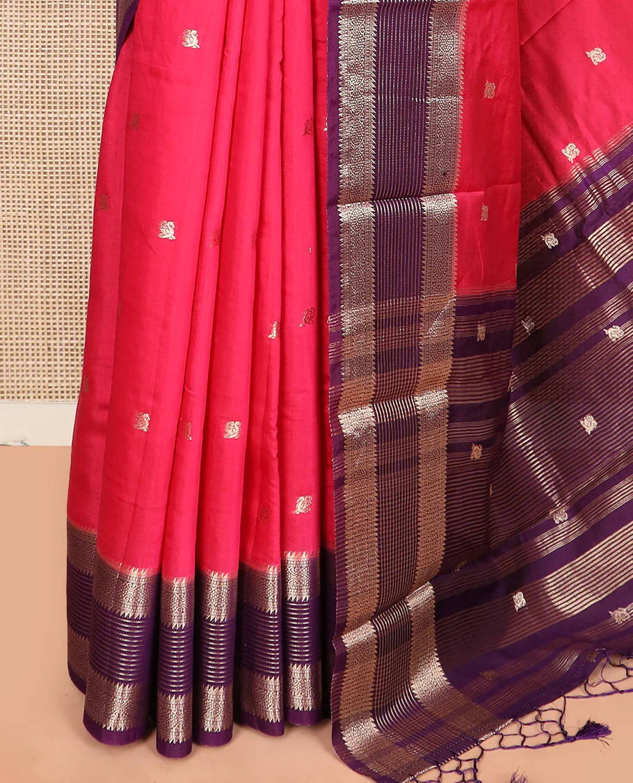 Pink peacock buttas assam silk saree, contrast traditional zari border, and pallu of zari design - Image 3