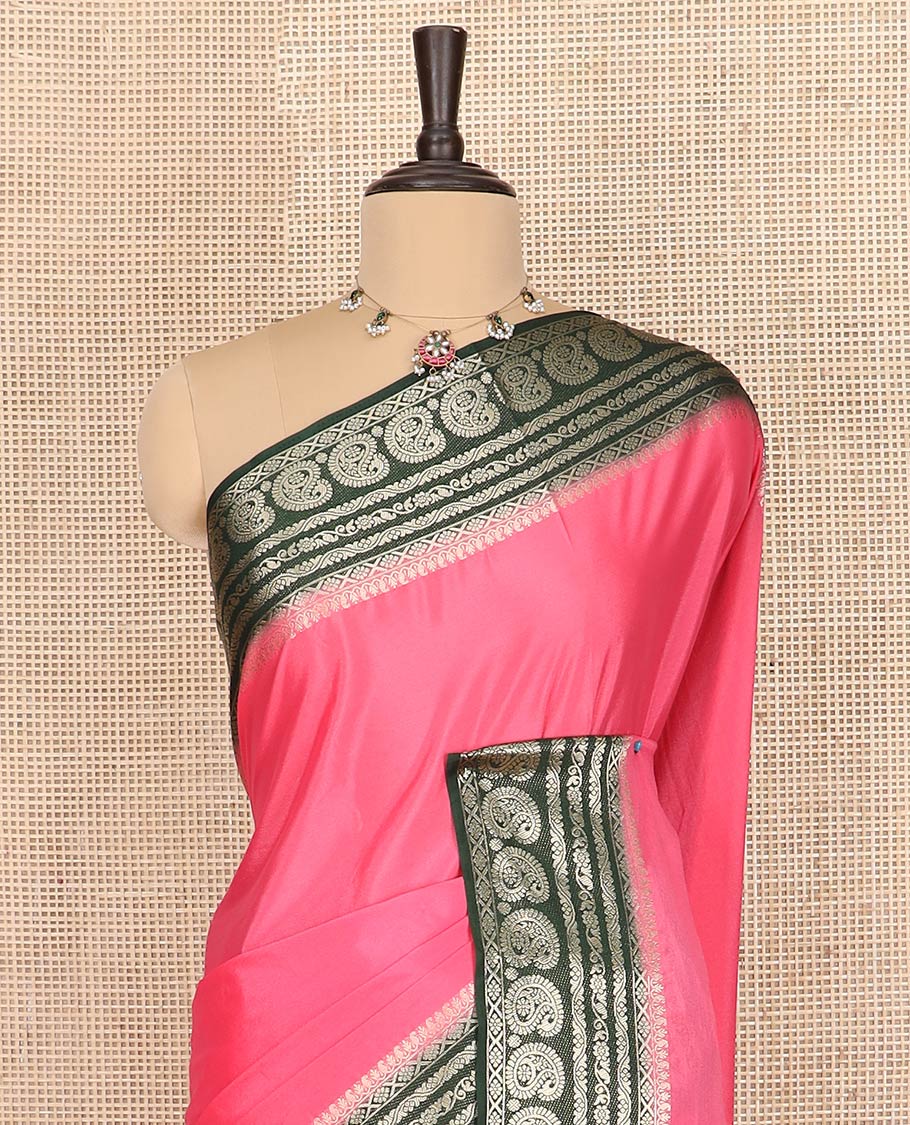 Pink plain art mysore silk saree, contrast traditional zari border of paisleys, and zari design pallu - Image 3