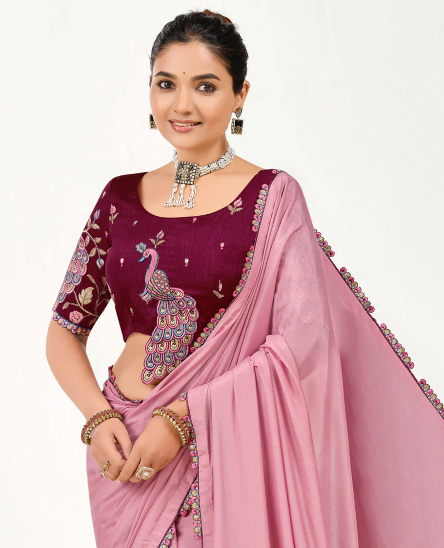 Pink Plain Designer Saree with Embroidered Scallop Border, Pallu Decked Up with a Big Beautiful Peacock Embroidery, and a Contrast Embroidered Blouse - Image 2