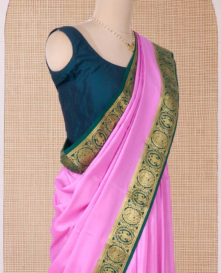 Pink plain Mysore silk saree, contrast border of two-headed eagle, and yaali designs, and zari striped pallu - Image 3