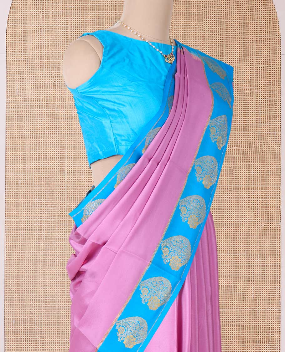 Pink plain Mysore silk saree, contrast paisley motifs border, and striped pallu - Image 3