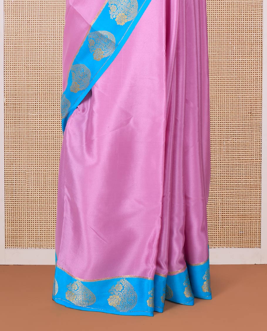 Pink plain Mysore silk saree, contrast paisley motifs border, and striped pallu - Image 4