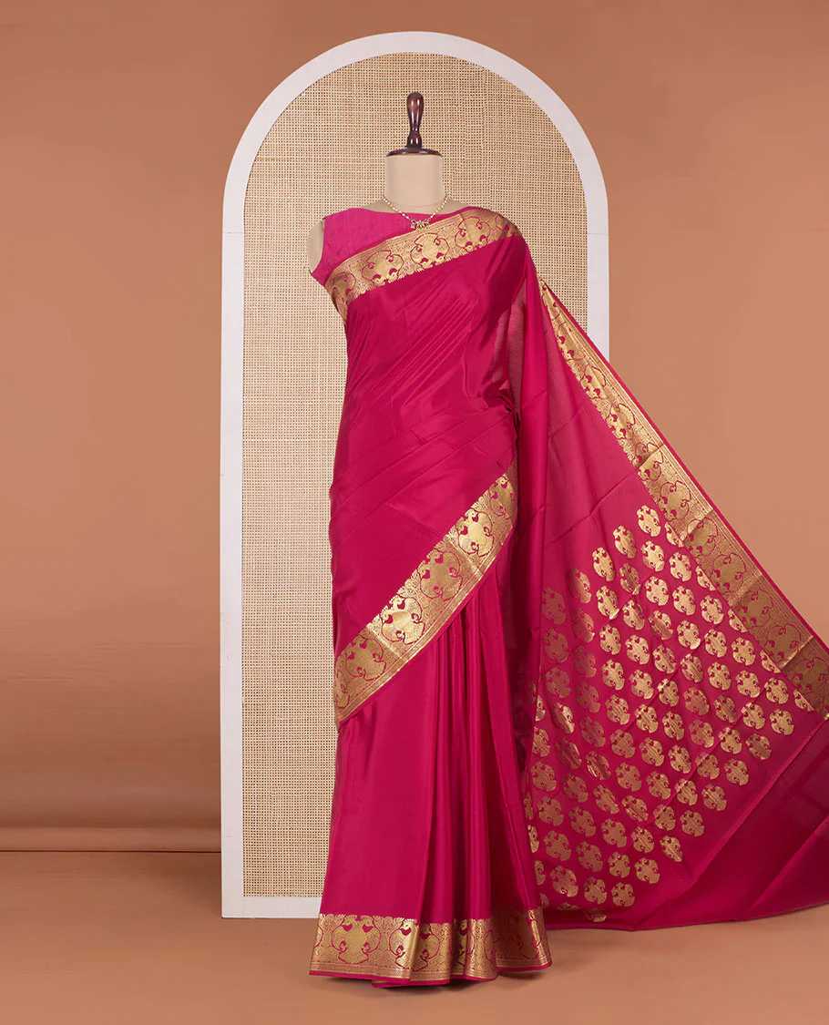 Pink plain Mysore silk saree, two-headed eagle motifs zari woven border, and pallu - Image 2