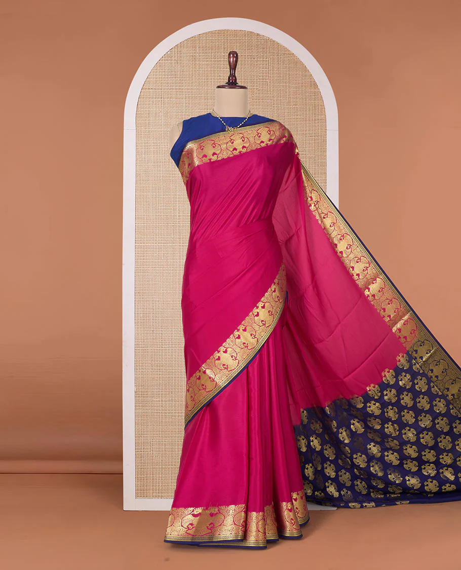 Pink plain Mysore silk saree, two-headed eagle zari border, and pallu steeped with two-headed eagle motifs - Image 2