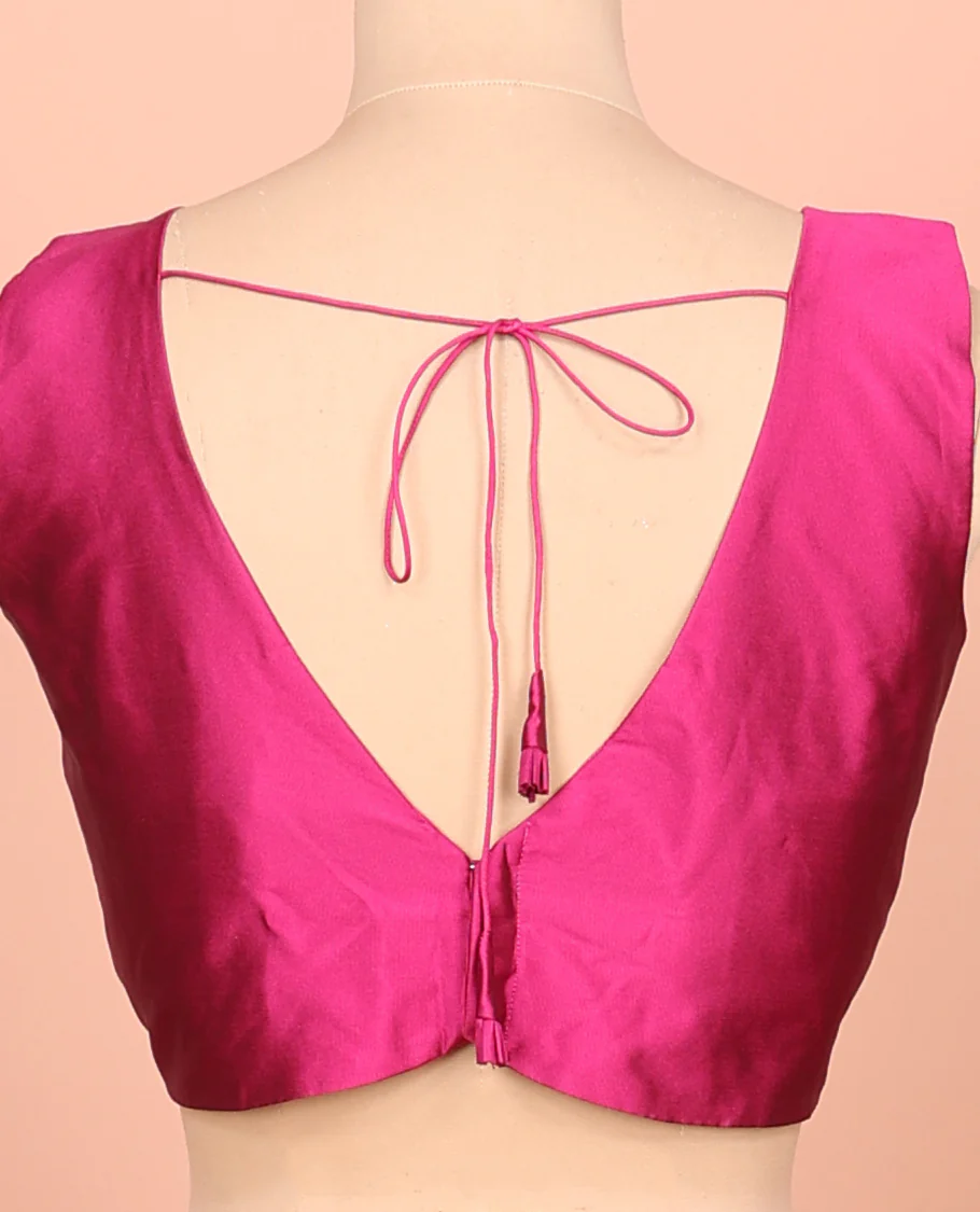 Pink Plain Readymade Blouse Featuring a Front V-Neck, Back Deep V-Neck, and Sleeveless - Image 4