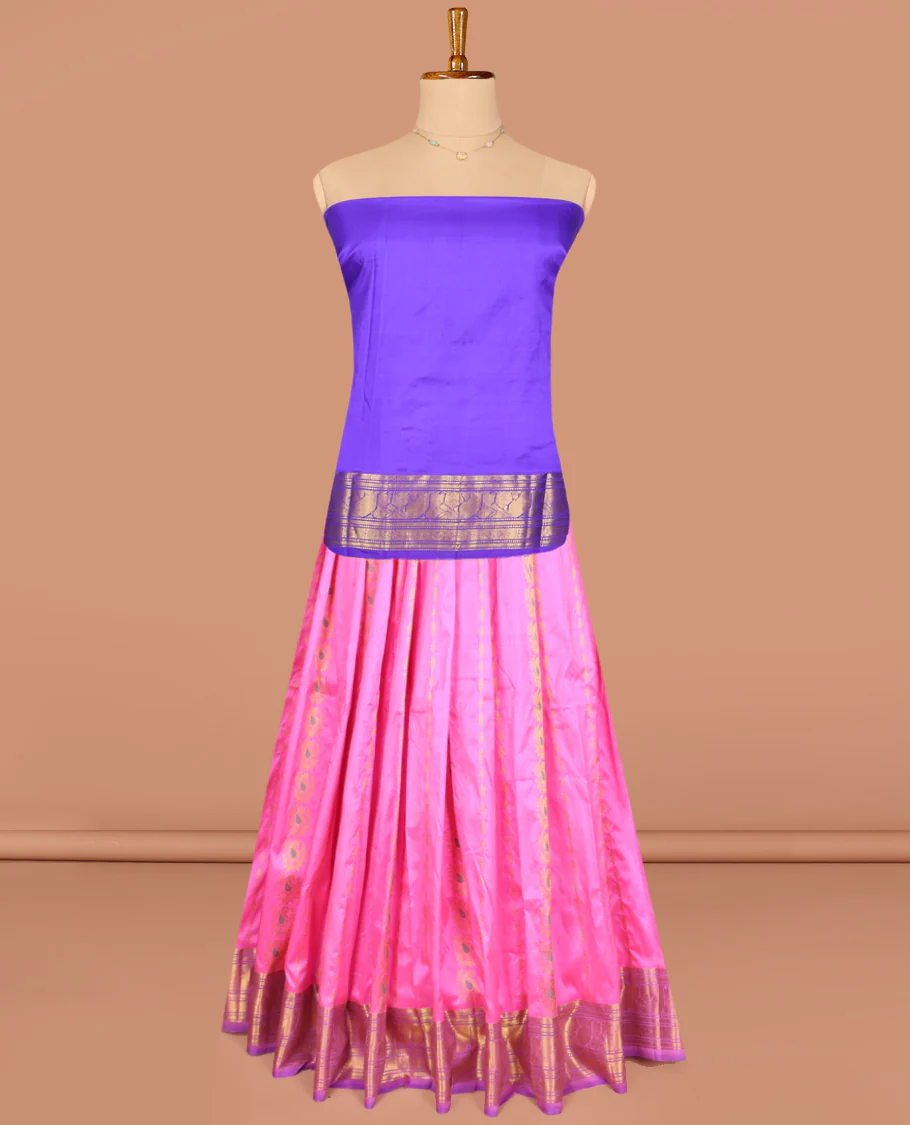 Pink Pure Silk Half-Saree, Spotlighted with Zari Designs on Its Body, Complemented by a Contrast Traditional Zari Design Border, Complemented by a Contrast Blouse, and Paired with a Contrast Dhavani of Ogee Designs - Image 3