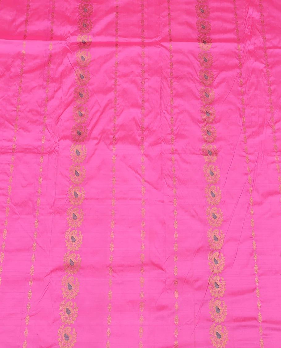 Pink Pure Silk Half-Saree, Spotlighted with Zari Designs on Its Body, Complemented by a Contrast Traditional Zari Design Border, Complemented by a Contrast Blouse, and Paired with a Contrast Dhavani of Ogee Designs - Image 4