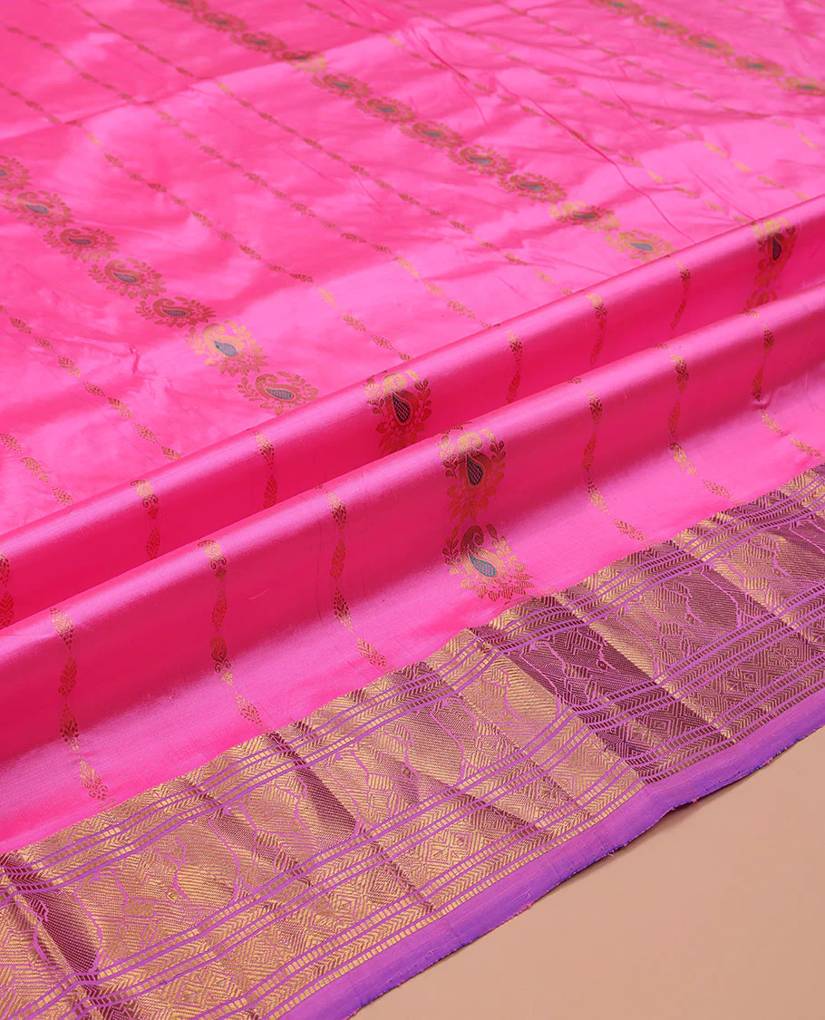 Pink Pure Silk Half-Saree, Spotlighted with Zari Designs on Its Body, Complemented by a Contrast Traditional Zari Design Border, Complemented by a Contrast Blouse, and Paired with a Contrast Dhavani of Ogee Designs - Image 5