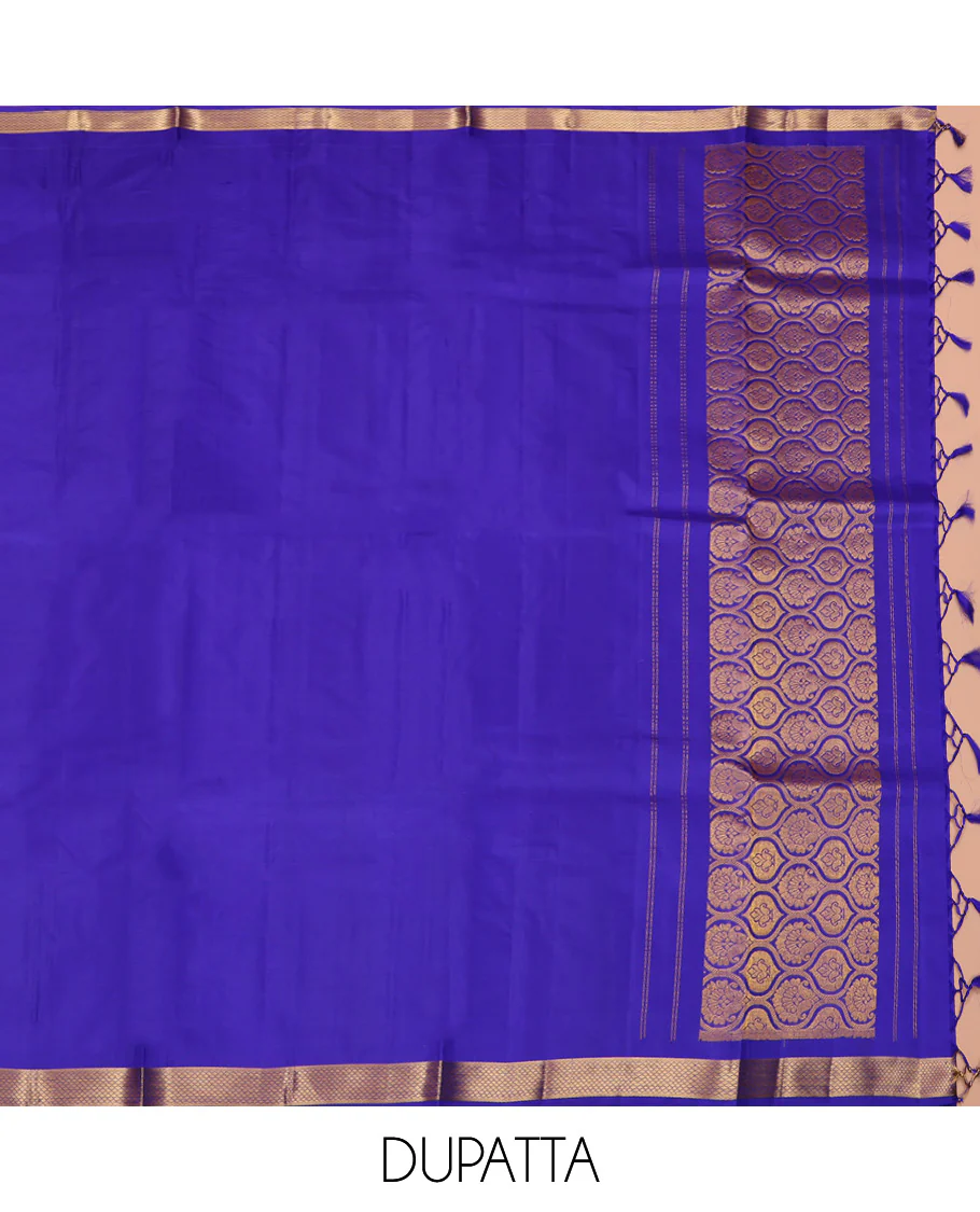 Pink Pure Silk Half-Saree, Spotlighted with Zari Designs on Its Body, Complemented by a Contrast Traditional Zari Design Border, Complemented by a Contrast Blouse, and Paired with a Contrast Dhavani of Ogee Designs - Image 6