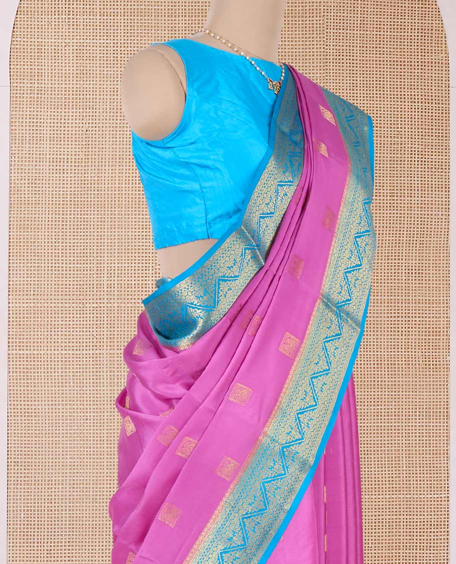 Pink square zari buttas Mysore silk saree, contrast traditional zari border, and intricate pallu - Image 3