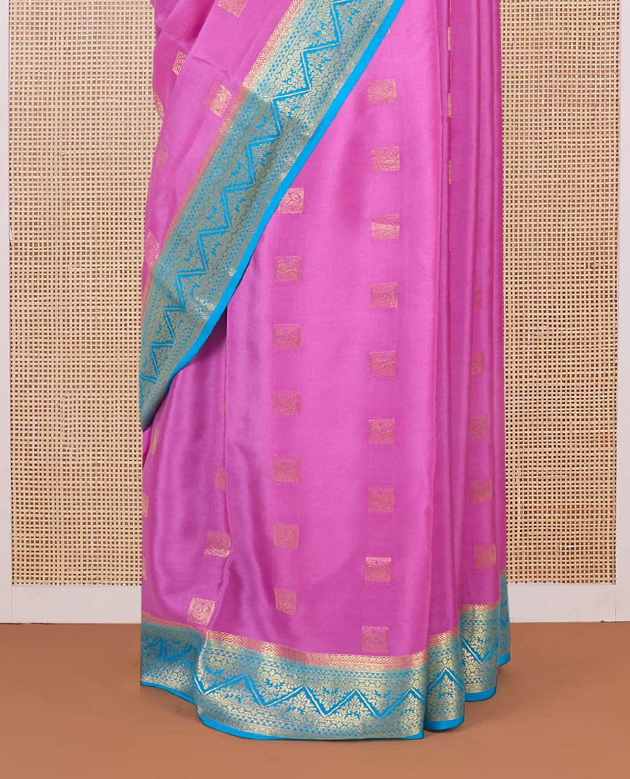 Pink square zari buttas Mysore silk saree, contrast traditional zari border, and intricate pallu - Image 4