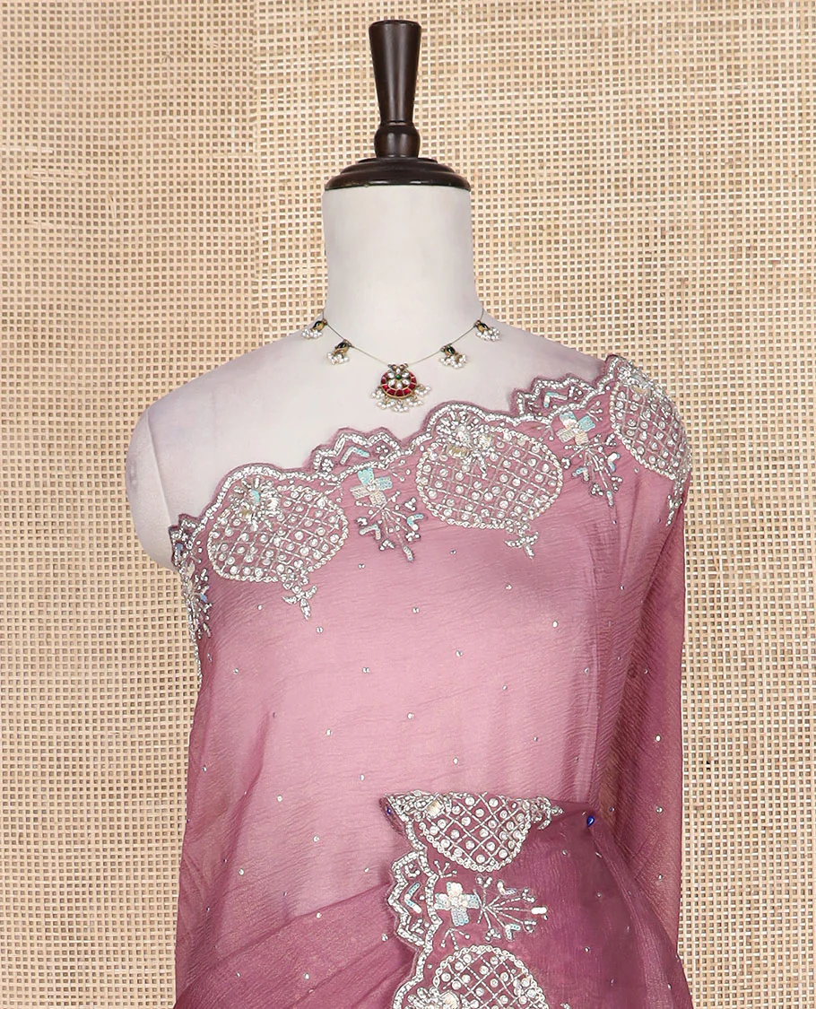 Pink stone work designer saree, intricately embroidered scallop border - Image 3