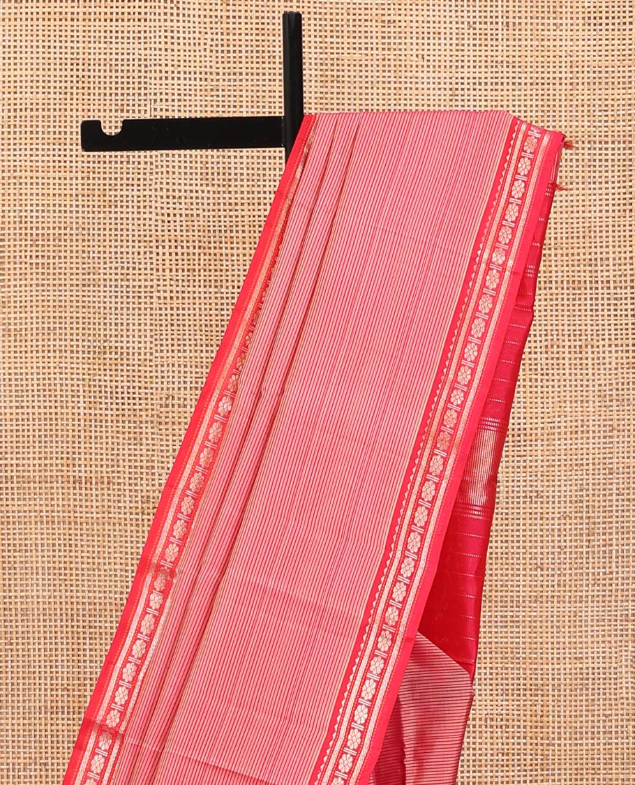 Pink Striped Kanchipuram Silk Saree, Complemented by a Contrast Border of Rekku, Vanki, and Kamalam Designs, Zari Muthu Striped Pallu, and Paired with a Contrast Blouse - Image 3