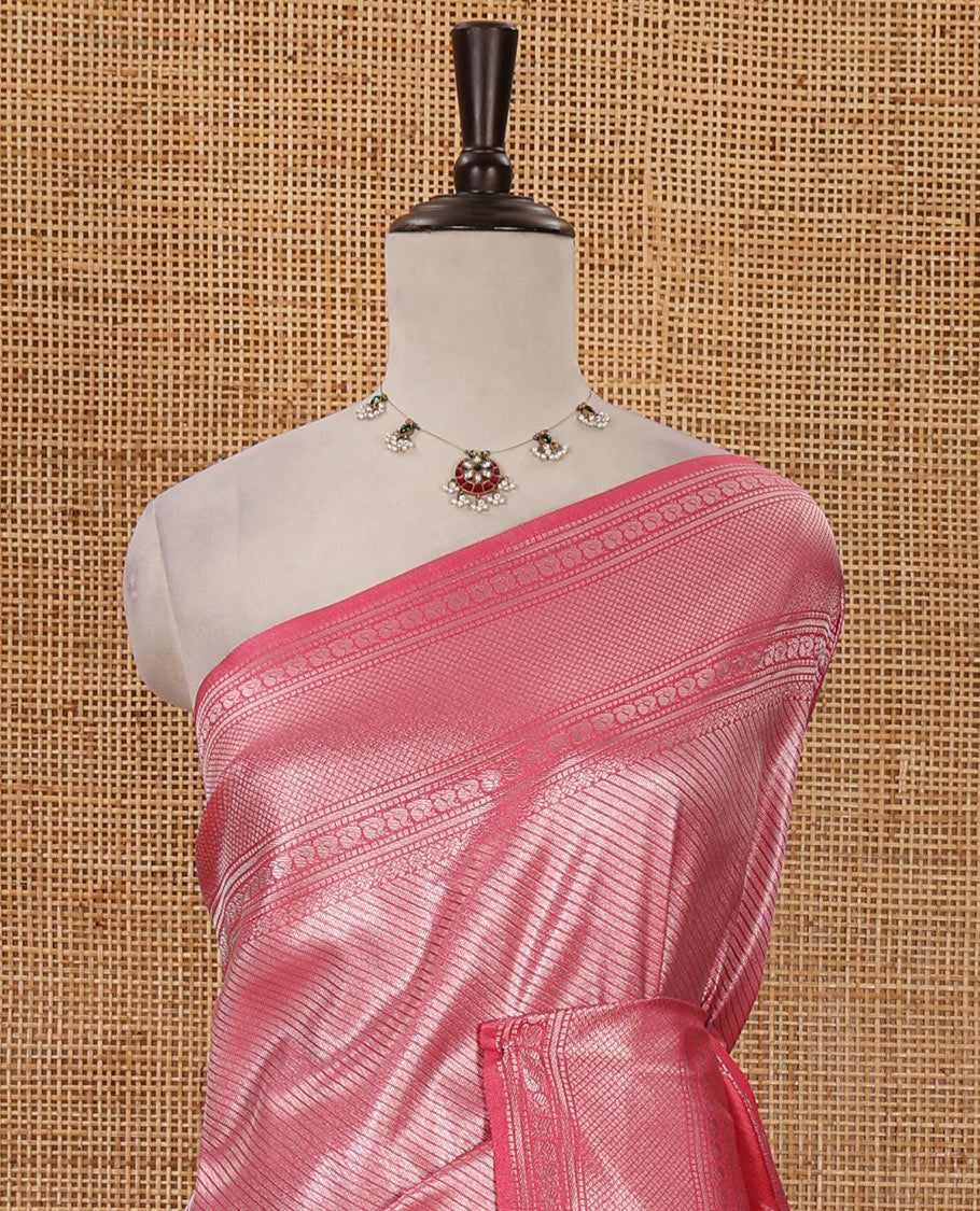 Pink stripes zari jacquard softy saree with temple traditional zari border, rich pallu & matching zari blouse - Image 3