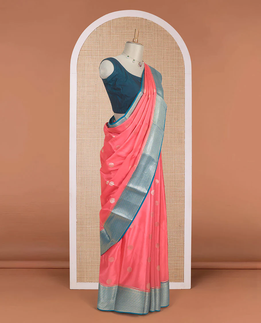 Pink tree zari buttas Mysore silk saree, contrast blue traditional zari motifs woven border, and jaal pallu