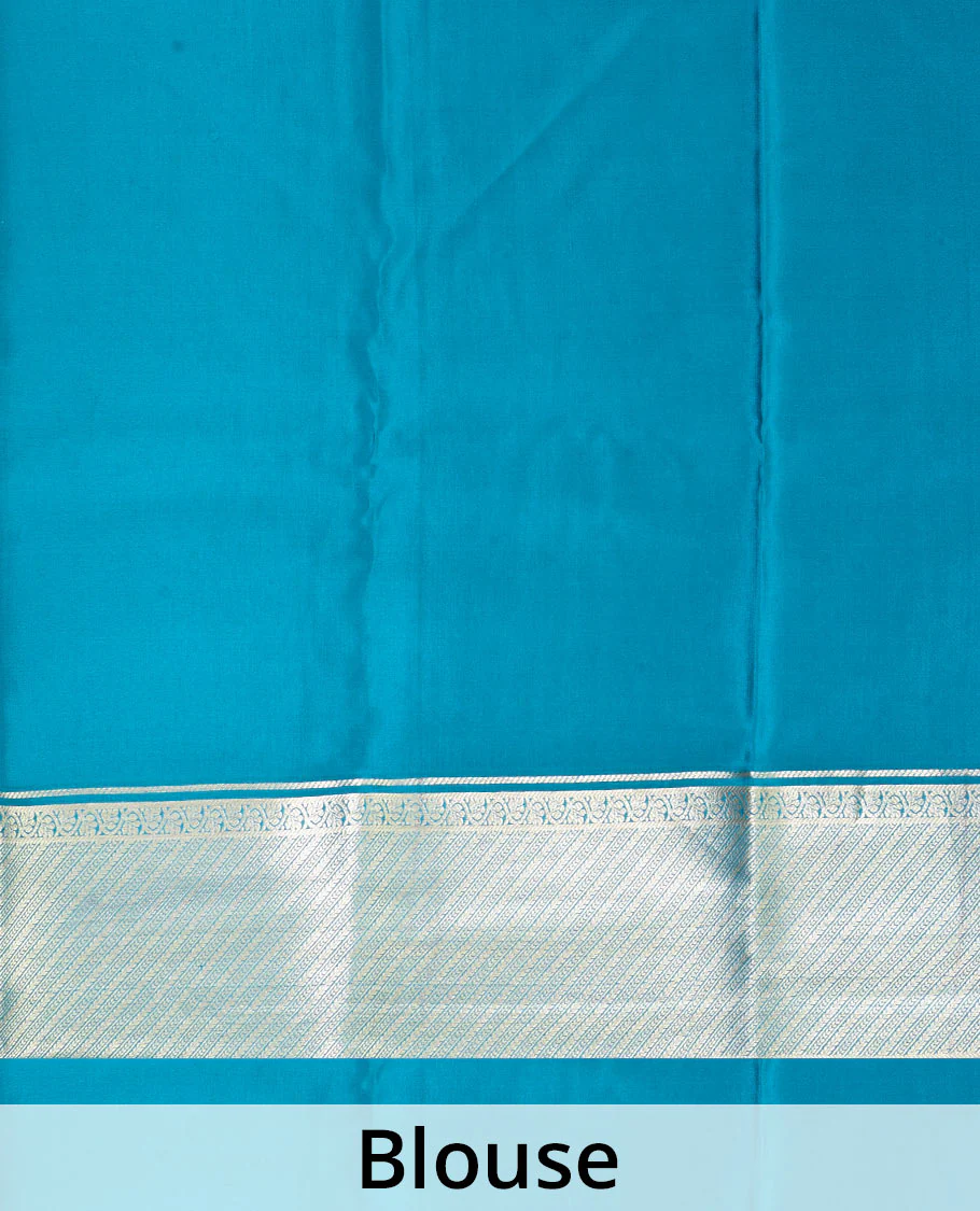 Pink tree zari buttas Mysore silk saree, contrast blue traditional zari motifs woven border, and jaal pallu - Image 5
