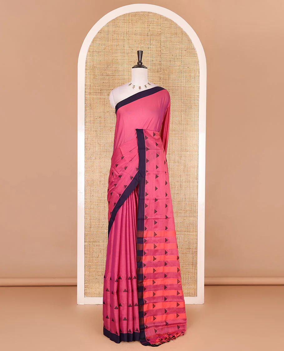 Pink triangle motifs mercerised cotton saree, contrast plain border, striped pallu, and matching triangle motifs blouse - Image 2