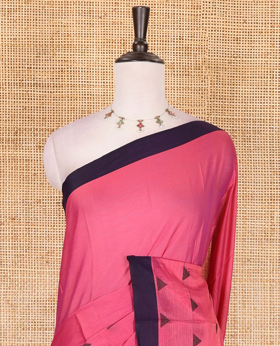 Pink triangle motifs mercerised cotton saree, contrast plain border, striped pallu, and matching triangle motifs blouse - Image 3