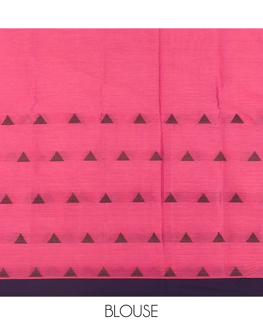 Pink triangle motifs mercerised cotton saree, contrast plain border, striped pallu, and matching triangle motifs blouse - Image 4