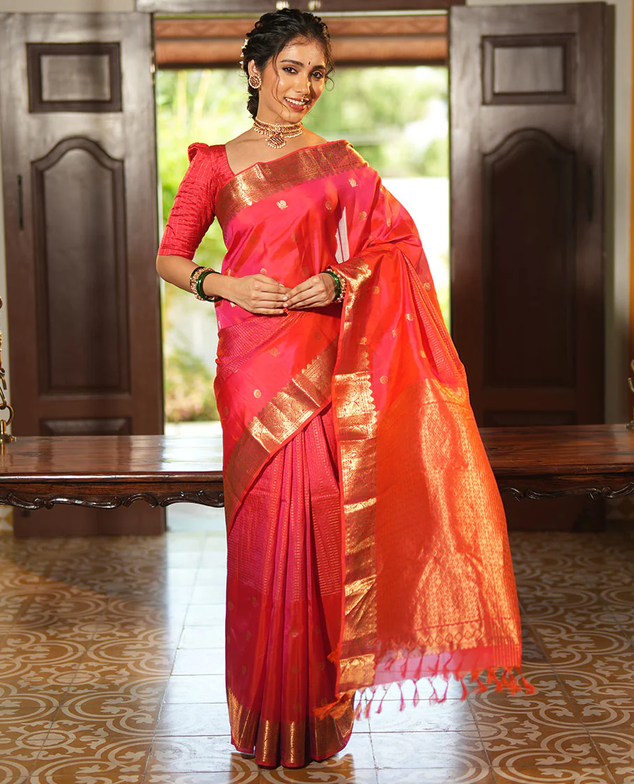 Pink Vasundhara Lite Silk Mix Saree, Artfully Detailed with Mayil-Chakram Buttas and Zari Checks All Over Its Body, Highlighted by a Zari Border of Thazampoo Rekkum, Paisa, Mayil, and Chakram Designs, a Grand Pallu, and Paired with a Matching Blouse - Image 3