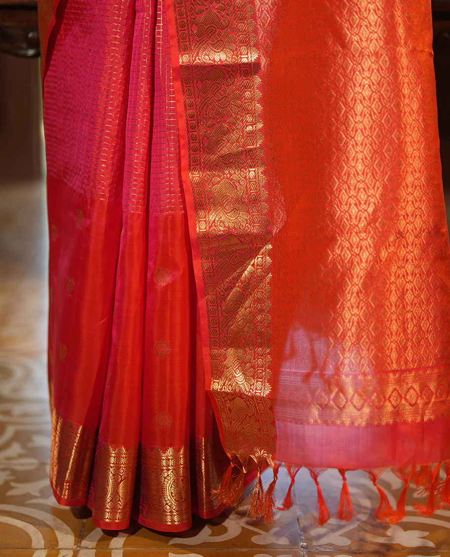 Pink Vasundhara Lite Silk Mix Saree, Artfully Detailed with Mayil-Chakram Buttas and Zari Checks All Over Its Body, Highlighted by a Zari Border of Thazampoo Rekkum, Paisa, Mayil, and Chakram Designs, a Grand Pallu, and Paired with a Matching Blouse - Image 4