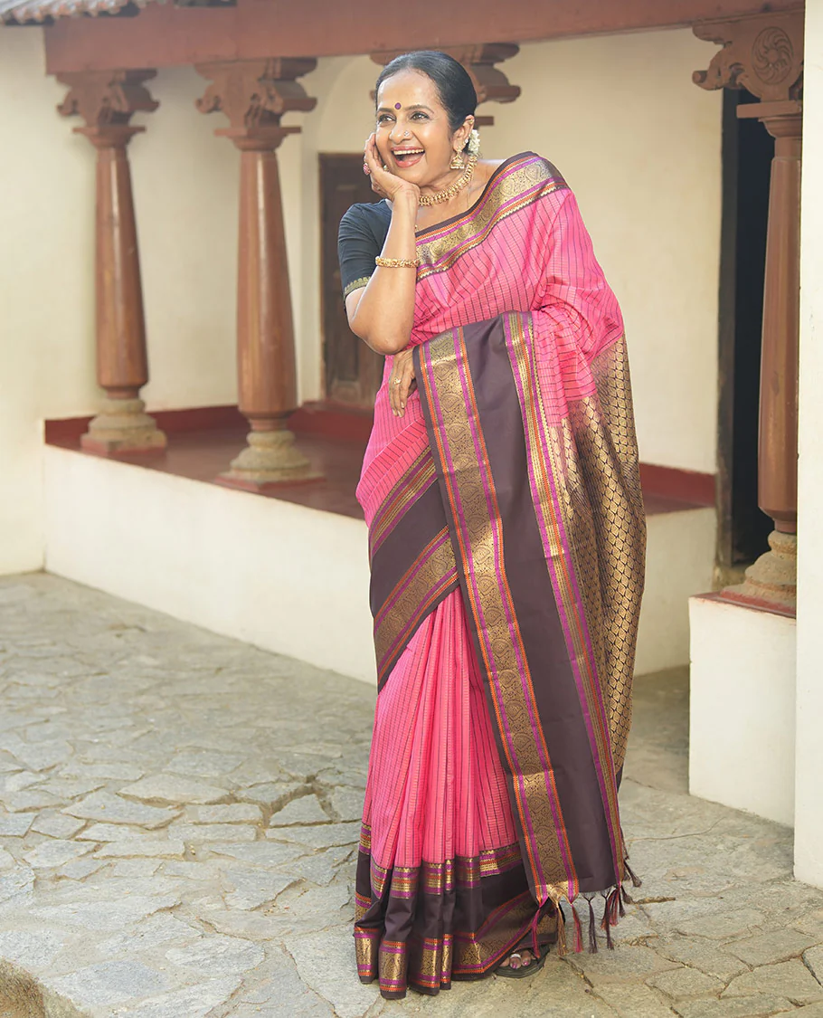 Pink Vasundhara Lite Silk Saree, Subtly Detailed with Thread and Zari Stripes, Complemented by Contrast Rettai Pettu Border of Salngai, Cross Kamalam, Muthu, Kathir, Diamond, and Arumbu Manga Designs, Grand Jaal Pallu, and Paired with a Contrast Blouse - Image 3