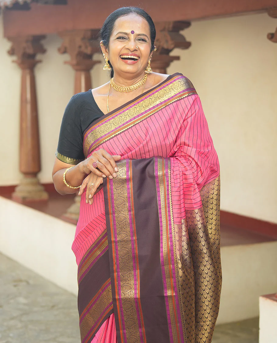 Pink Vasundhara Lite Silk Saree, Subtly Detailed with Thread and Zari Stripes, Complemented by Contrast Rettai Pettu Border of Salngai, Cross Kamalam, Muthu, Kathir, Diamond, and Arumbu Manga Designs, Grand Jaal Pallu, and Paired with a Contrast Blouse - Image 4