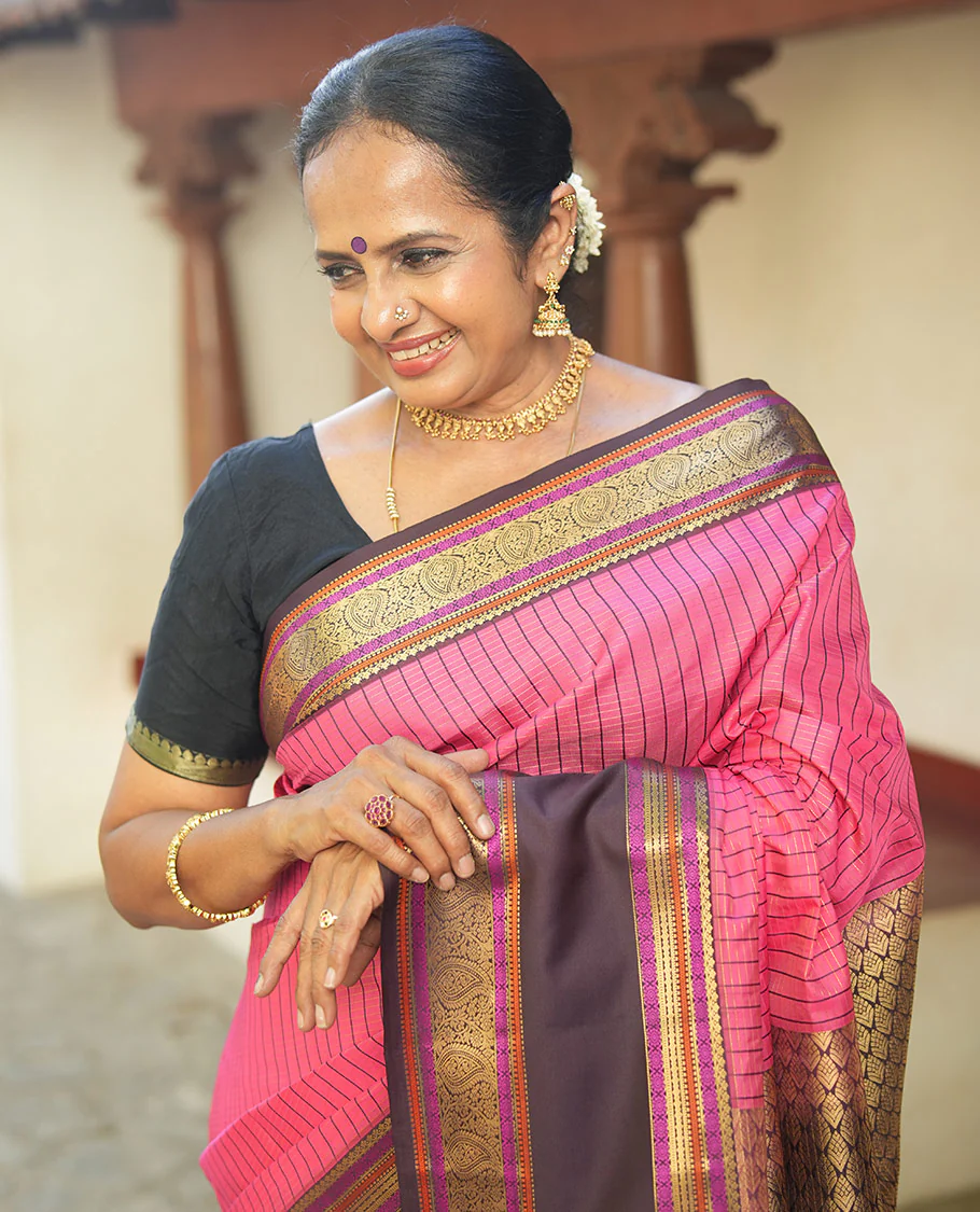 Pink Vasundhara Lite Silk Saree, Subtly Detailed with Thread and Zari Stripes, Complemented by Contrast Rettai Pettu Border of Salngai, Cross Kamalam, Muthu, Kathir, Diamond, and Arumbu Manga Designs, Grand Jaal Pallu, and Paired with a Contrast Blouse - Image 5