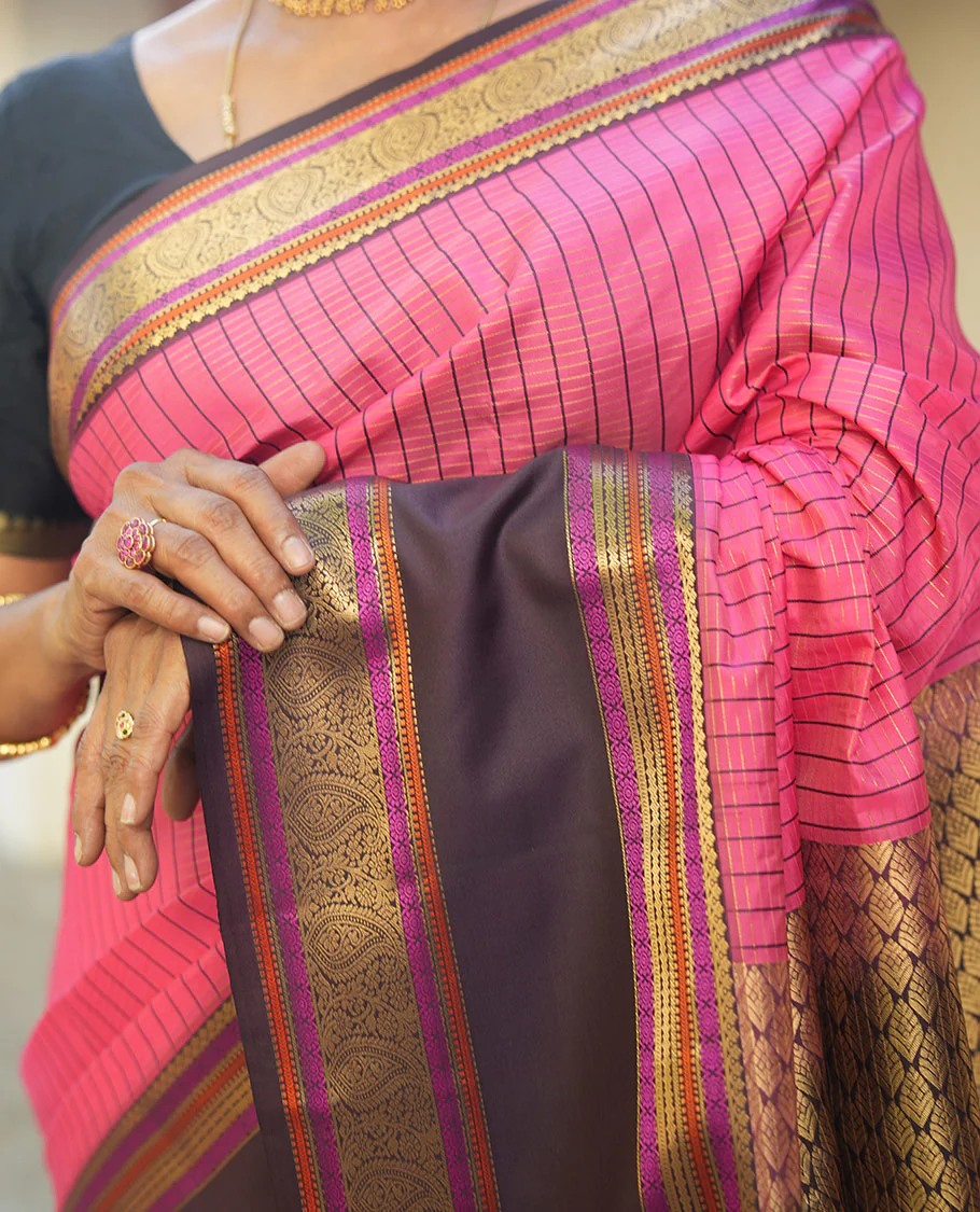 Pink Vasundhara Lite Silk Saree, Subtly Detailed with Thread and Zari Stripes, Complemented by Contrast Rettai Pettu Border of Salngai, Cross Kamalam, Muthu, Kathir, Diamond, and Arumbu Manga Designs, Grand Jaal Pallu, and Paired with a Contrast Blouse - Image 6