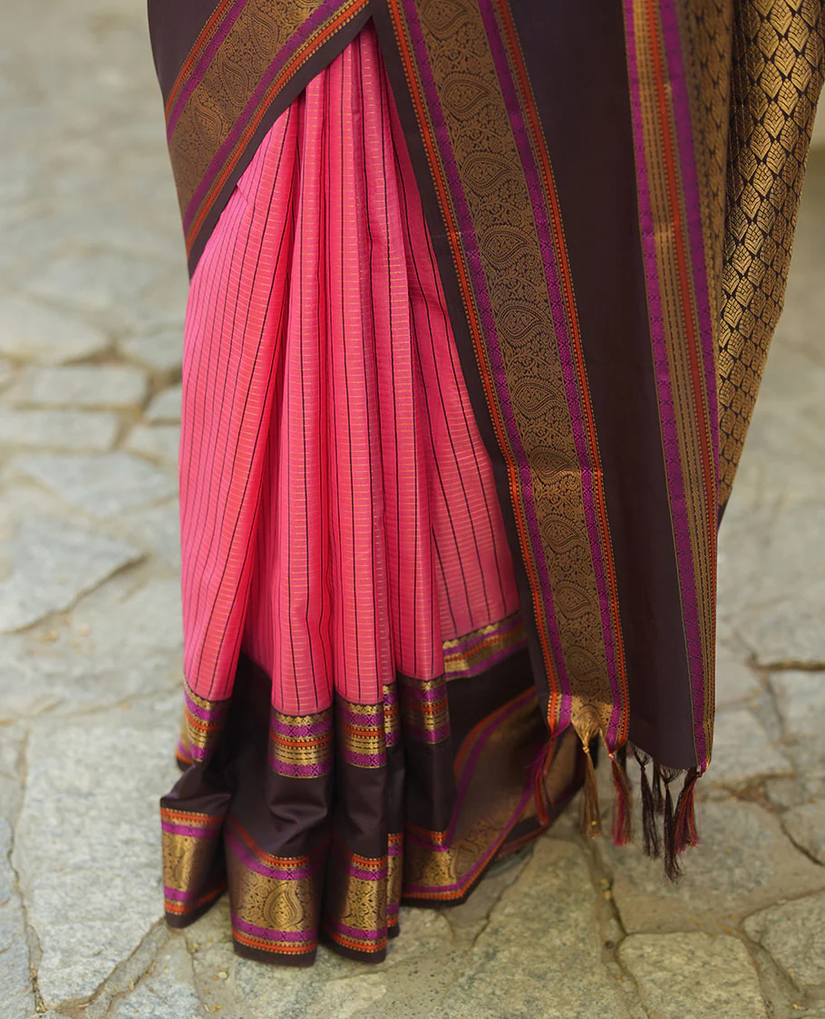 Pink Vasundhara Lite Silk Saree, Subtly Detailed with Thread and Zari Stripes, Complemented by Contrast Rettai Pettu Border of Salngai, Cross Kamalam, Muthu, Kathir, Diamond, and Arumbu Manga Designs, Grand Jaal Pallu, and Paired with a Contrast Blouse - Image 7