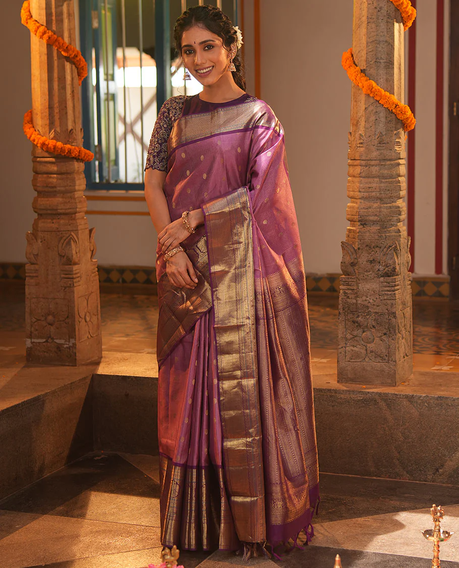 Pink Vasundhara Silk Saree, Elevated with Zari Stripes and Chakram Buttas All Over Its Body, Complemented by a Contrast Border of Rekku, Muthu, Kamalam and Mayil Kann Designs, Grand Geometric Patterned Pallu, and Paired with a Contrast Blouse - Image 3