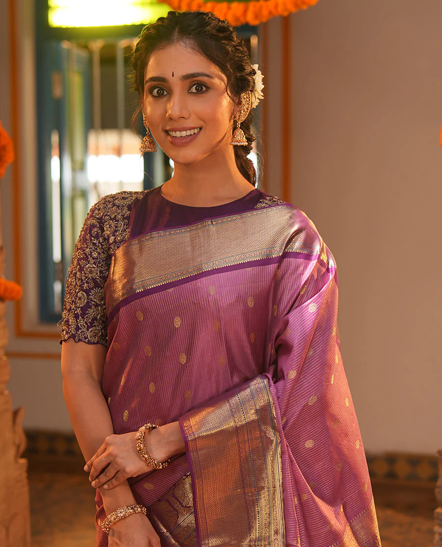 Pink Vasundhara Silk Saree, Elevated with Zari Stripes and Chakram Buttas All Over Its Body, Complemented by a Contrast Border of Rekku, Muthu, Kamalam and Mayil Kann Designs, Grand Geometric Patterned Pallu, and Paired with a Contrast Blouse - Image 4