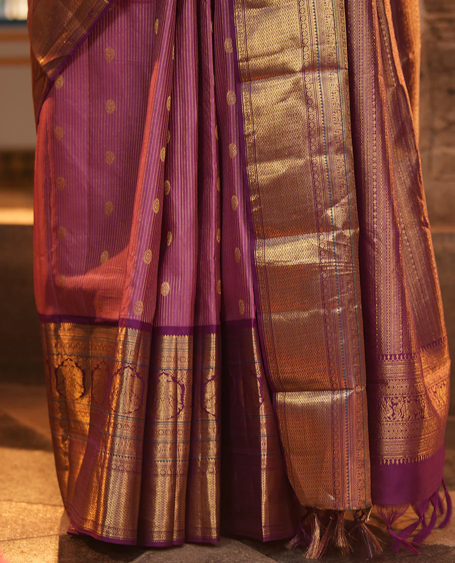 Pink Vasundhara Silk Saree, Elevated with Zari Stripes and Chakram Buttas All Over Its Body, Complemented by a Contrast Border of Rekku, Muthu, Kamalam and Mayil Kann Designs, Grand Geometric Patterned Pallu, and Paired with a Contrast Blouse - Image 5