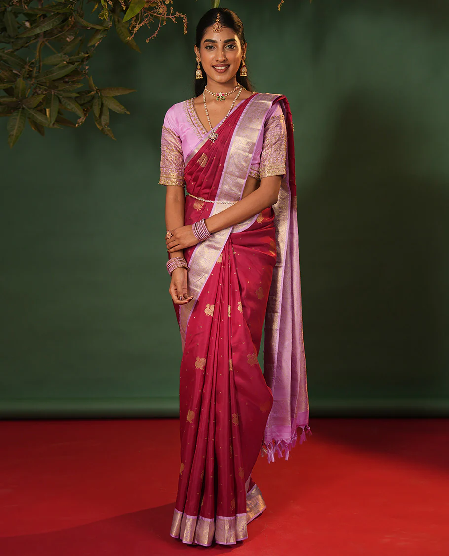 Pink yaanai and mayil buttas Vasundhara silk saree, contrast border of muthu, kathir, mayil, and yaanai designs, and diagonal striped pallu - Image 2