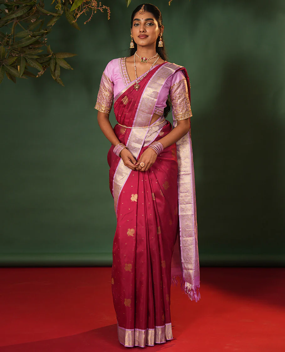 Pink yaanai and mayil buttas Vasundhara silk saree, contrast border of muthu, kathir, mayil, and yaanai designs, and diagonal striped pallu - Image 3