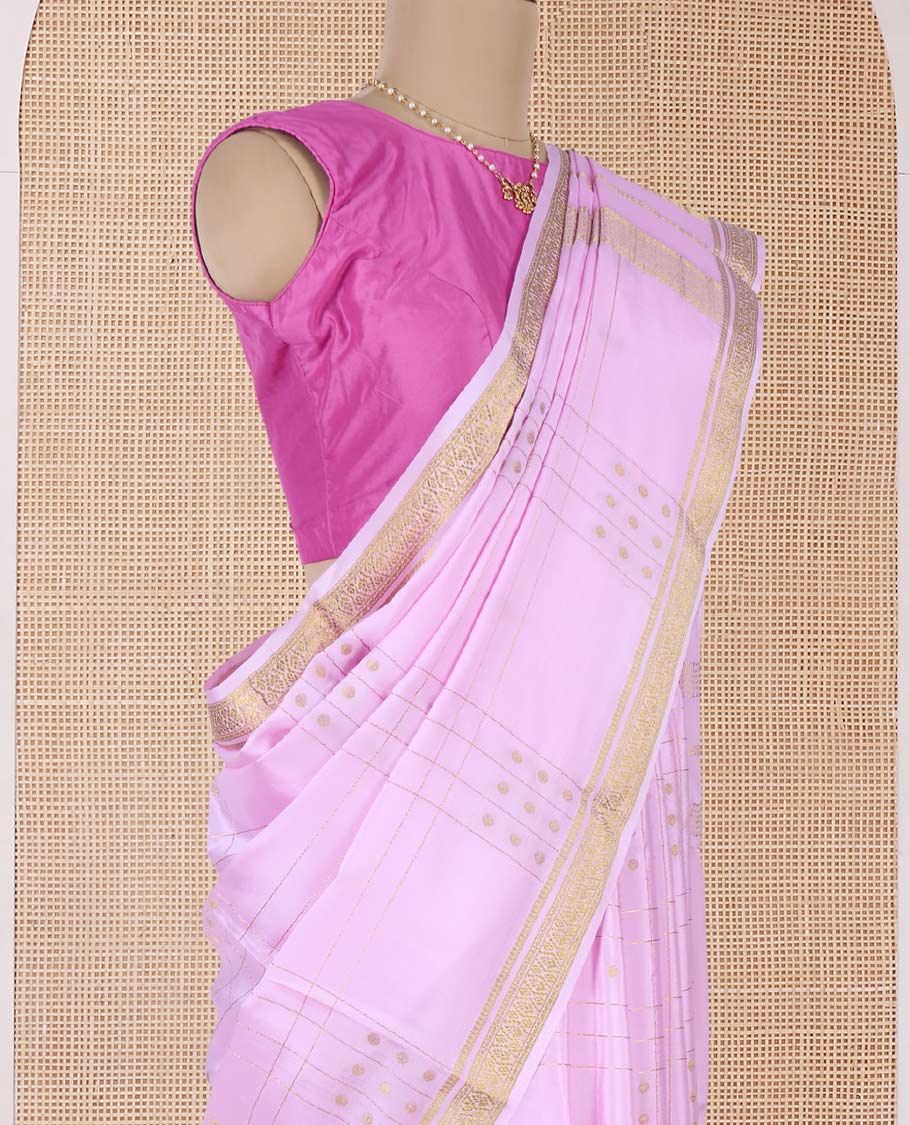 Pink zari buttas and checked Mysore silk saree, traditional zari border, and zari striped pallu - Image 3