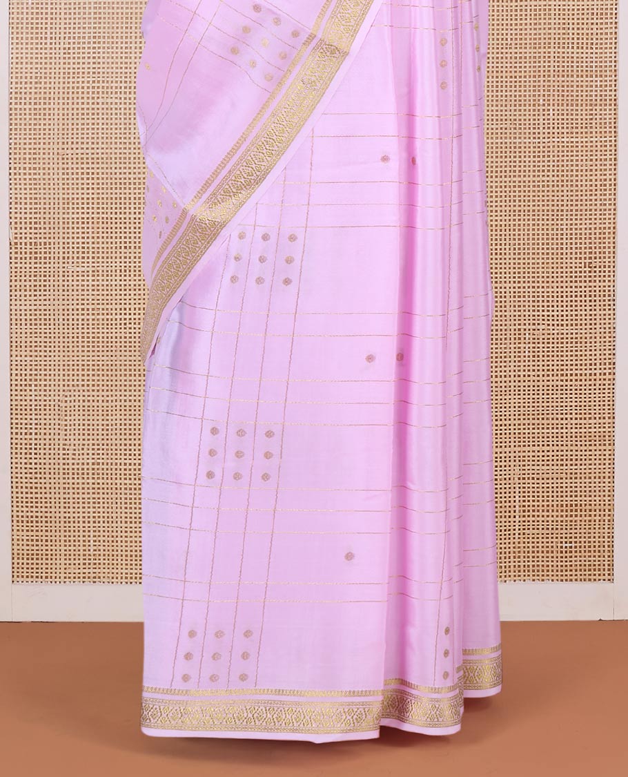 Pink zari buttas and checked Mysore silk saree, traditional zari border, and zari striped pallu - Image 4