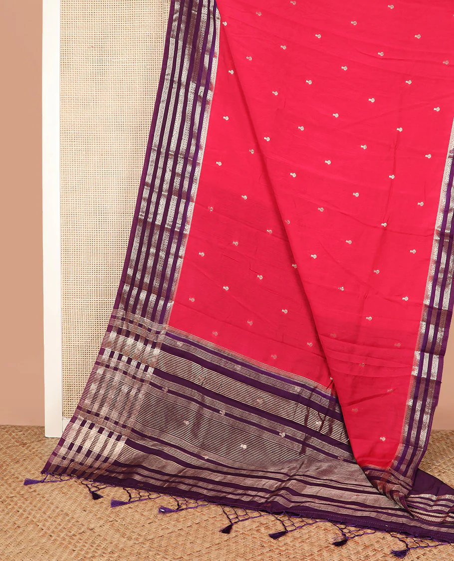 Pink zari buttas assam silk saree, contrast traditional zari design border, and zari striped pallu - Image 2